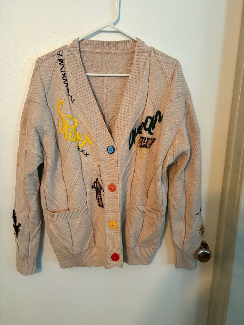 Beige Embroidered Cardigan Sweater with Colorful Buttons size large
